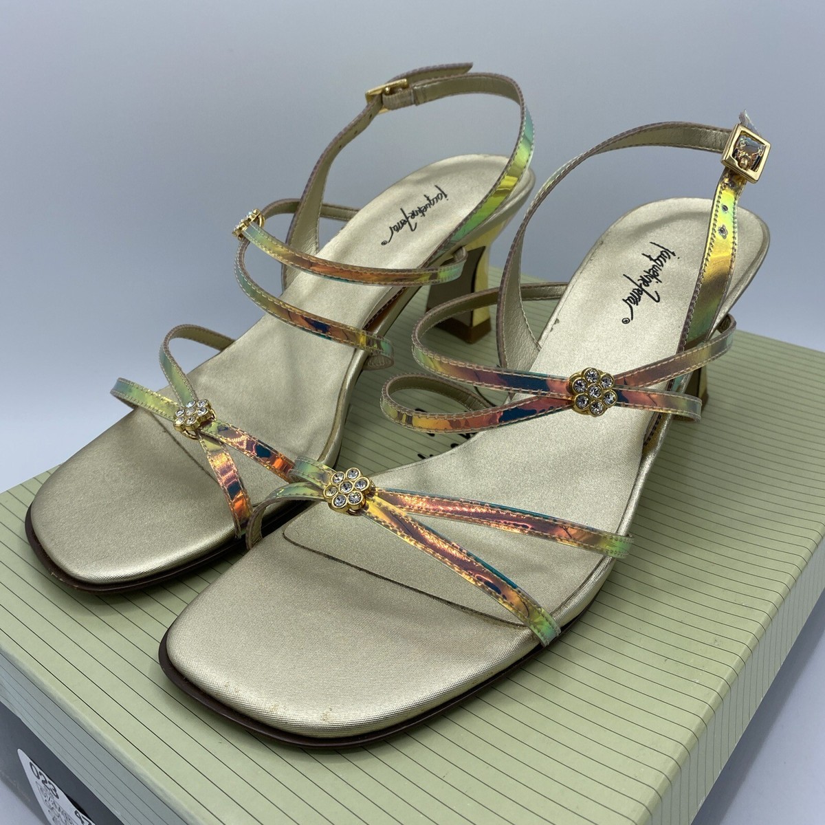 Jacqueline Ferrar Womens Size 5.5 5 1/2 M Gold Strap Rhinestone 2.75\