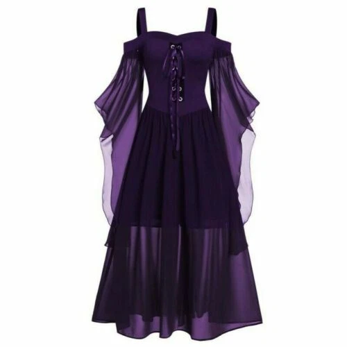 Kleider Plus Gothic Halloween Kleid Schnürärmel Fledermaus Damen Cold Shoulder - Bild 11 von 20