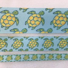 Aqua turtle palm beach style Grosgrain ribbon BTY 3/8" 5/8" 7/8" 1.5" yellow