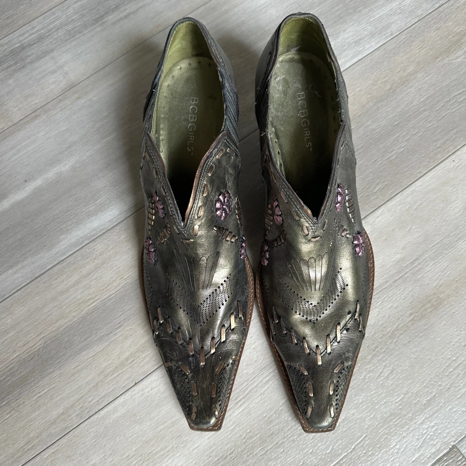 Y2K BCBGirl Botines de Cuero Metálicos para Mujer 9 Western Boho Festival Puntera Cuadrada Foto 3 de 4