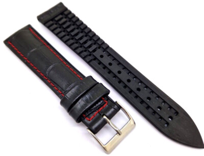 Uhrenarmband schwarz mit roter Naht wasserfest 20mm  Kautschuk + Leder  / 26