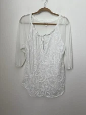 Coldwater Creek Women's White Floral 3/4 Sleeve Blouse Embroidered Sheer XL/16