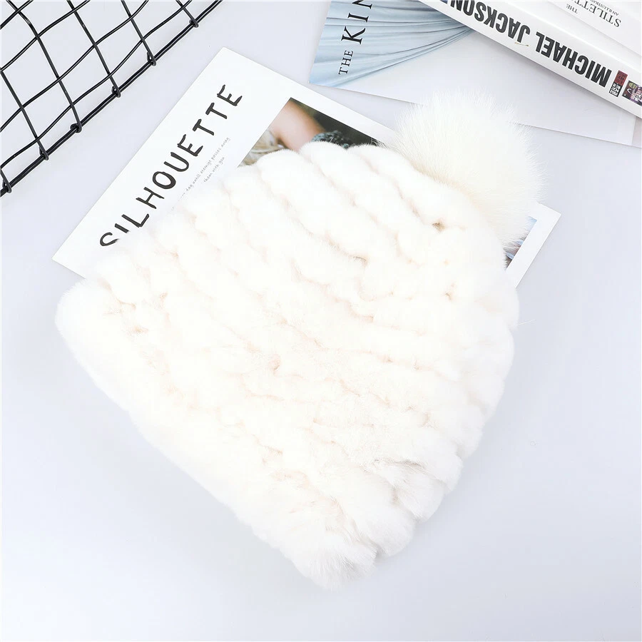 Luxury Women Rex Rabbit Fur Beanie Hats Lady Winter Warm Cap With Fox Fur Pom - Image 3 of 4