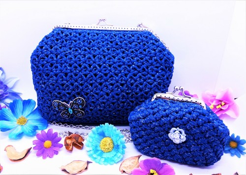 Set pochette blu donna uncinetto vintage clic clac + portamonete Blu  elettrico | eBay