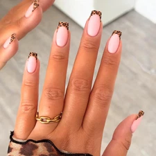 Square Press on Nails Medium Fake Nails Press ons Light Brown French V27 Brown