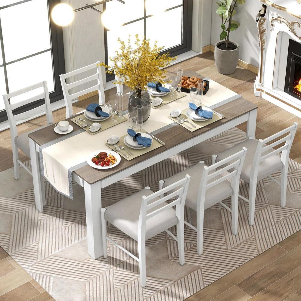 Easy Assembly 7pcs Dining Table Set Extendable Table with 12