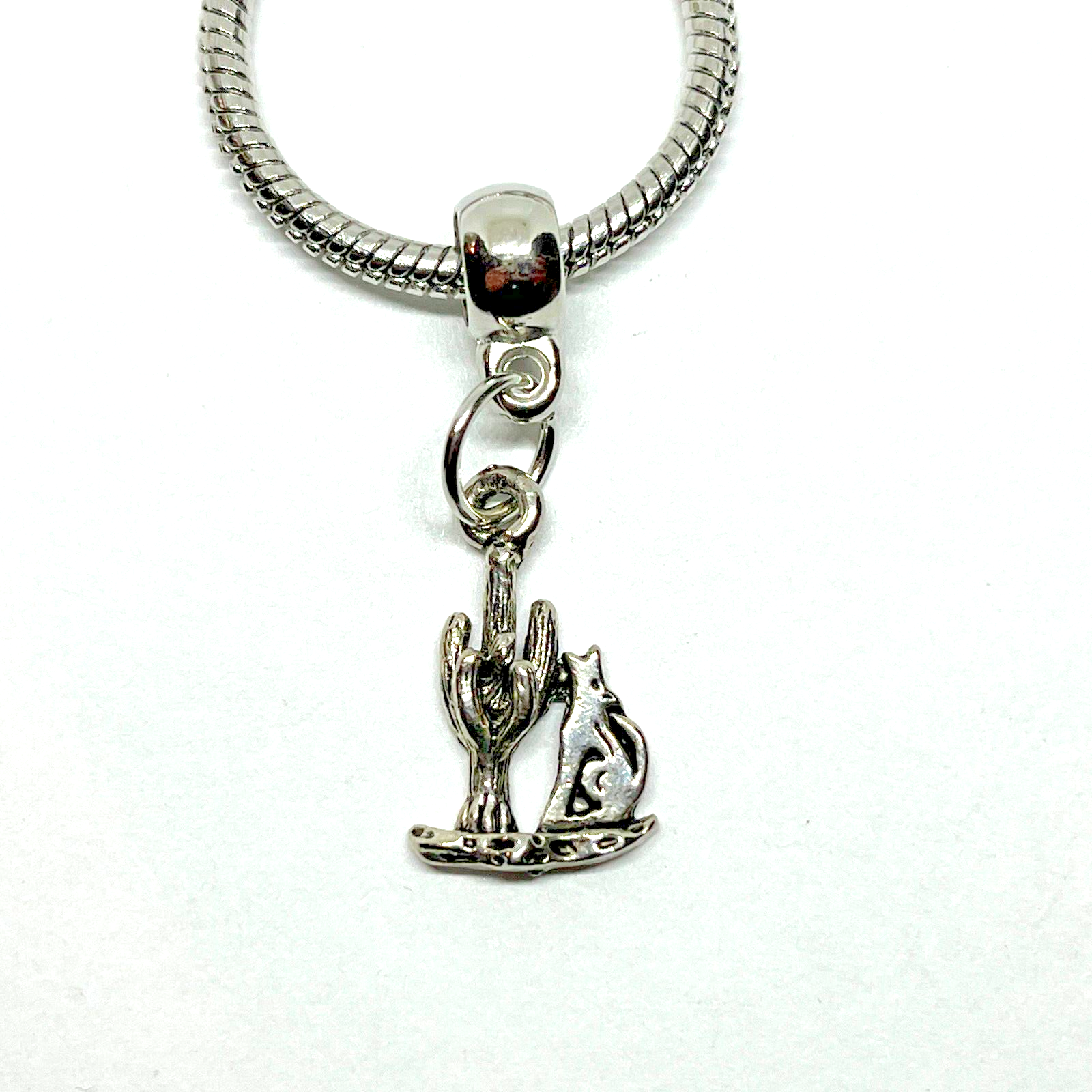 Silver Desert Scene Coyote Cactus Western Charm Dangle for European Bracelet