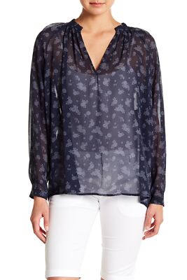 Vince 156356 Women's Calico Silk Floral Blouse Long Sleeve Blue Sz