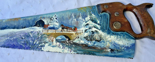 29" Signed Hand Painted Saw Blade Folk Art North Carolina Mountain Homestead