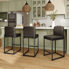 24" Bar Stool Counter Height Bar Chair Set of 3 PU Leather Dining Chair Gray