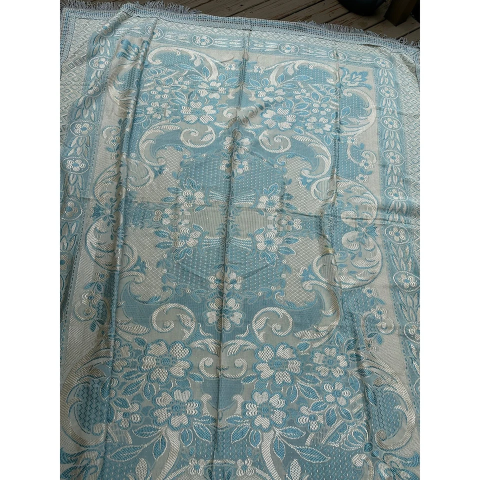 Vintage Bedspread fringed blue silver jacquard floral retro bed cover coverlet  - Image 3 of 4