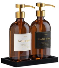 Glass Soap Dispenser Set of 2 Amber with Silicone Tray  Hand and Dish Soap...