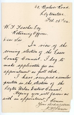 1904 Leytonstone Essex Handwritten Letter Poll Clerk Application Election UK