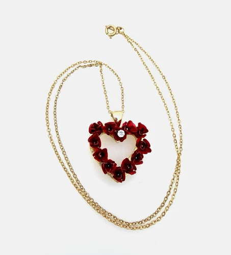 Vintage Danbury Mint "Heart of a Dozen Roses" Gold-Tone Pendant Necklace Red  - product listing photo