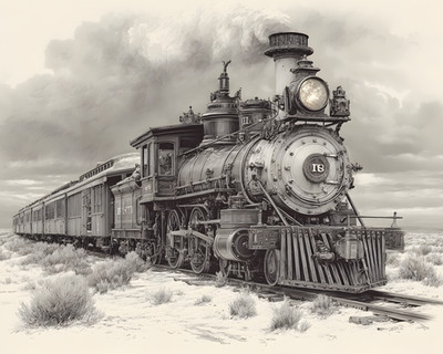 Detailed Pencil Drawing of a Steam Train in a Snowy Field Print - 631184814