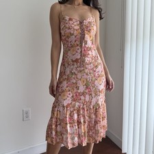Vintage Floral Slip Dress Medium Pink Y2K Lace Up Midi Romantic Coquette Fairy