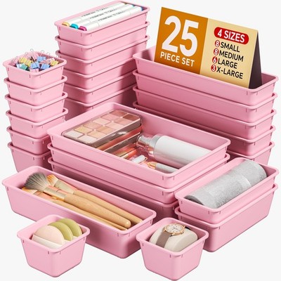 25-Piece Plastic Drawer Organizer Set for Makeup, Office, and Kitchen (Pink)