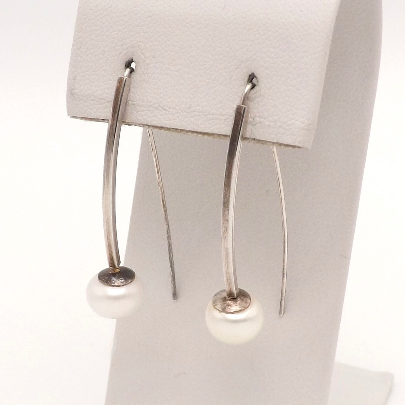 Sterling Silver Button Pearl Drop Threader Earrin… - image 1