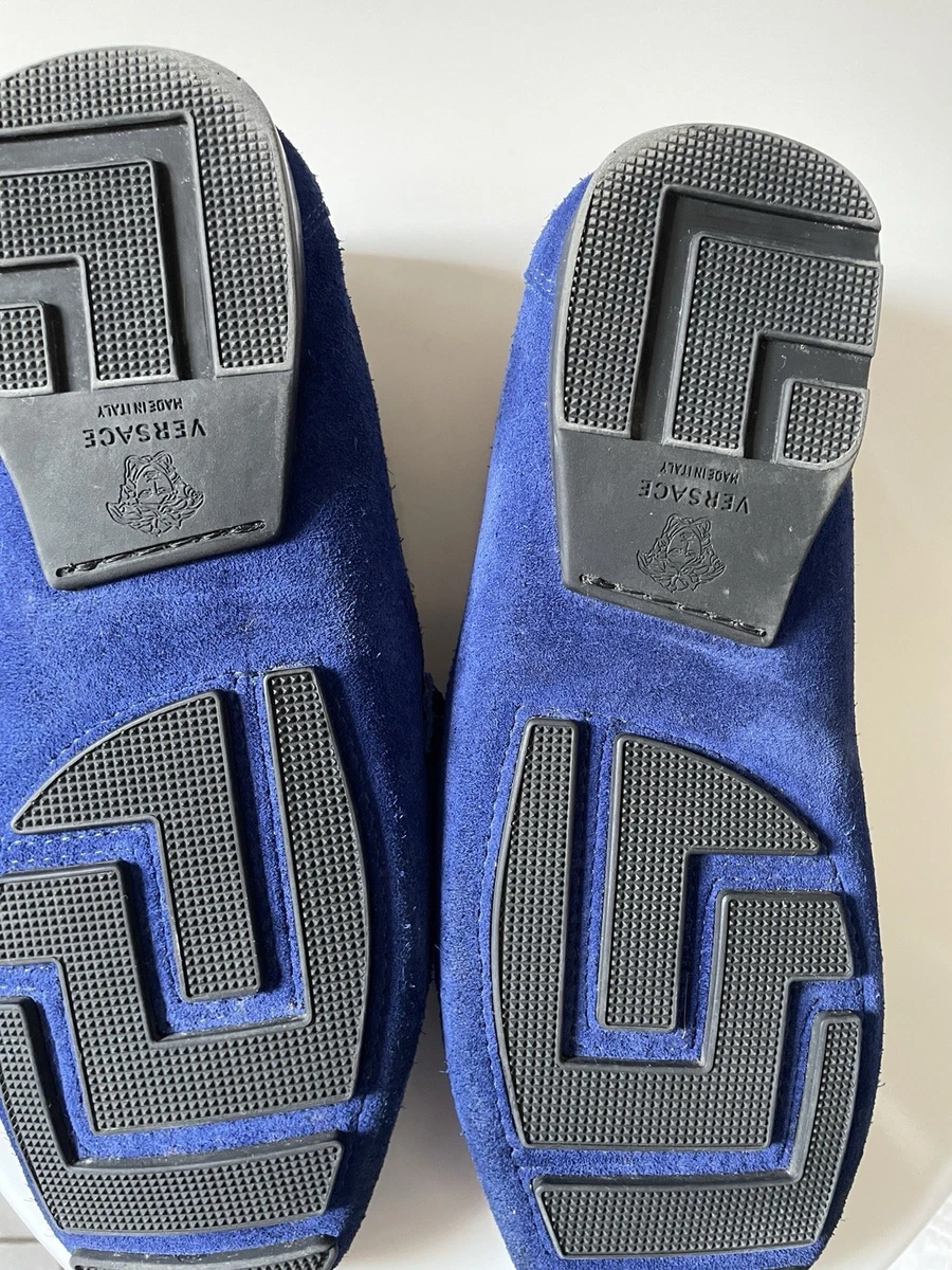 Mocasines para hombre Versace gamuza azul con hebilla, informales sin cordones punta almendra