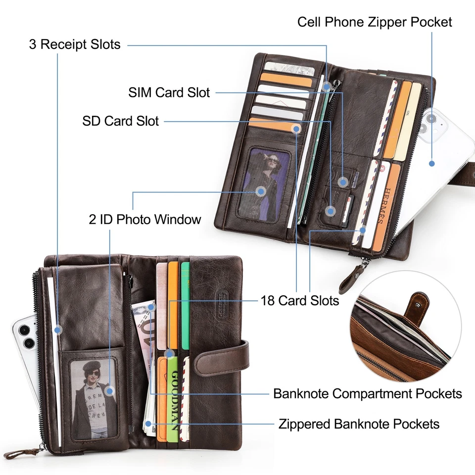 Mens Real Leather Long Wallet Card Photo ID Phone Holder Organiser Bifold Wallet - Image 4 of 4