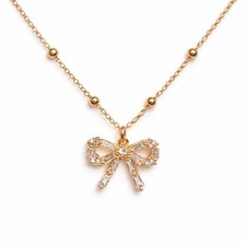 BETSEY JOHNSON GOLD TONE BOW CRYSTALS BAGUETTE PENDANT BALLS CHAIN NECKLACE -BOX
