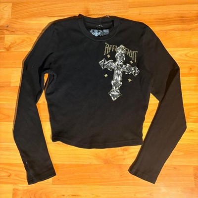 Affliction Black Long Sleeve Cross Graphic Shirt Size M Goth Emo Y2K
