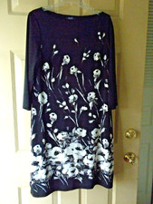 CHAPS BRAND BLACK WITH WHITE FLOWERS 3/4 SLEEVE DRESS  SIZE LARGE  NWOT