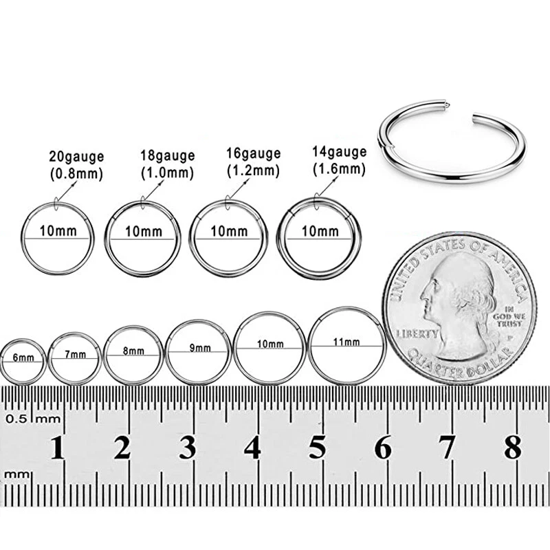 5pcs Surgical Steel Hoop Nose Ear Hinged Tragus Ring 20G 14G