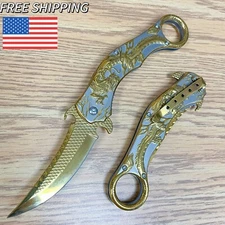 9" Karambit Tactical Gold Dragon Spring Assisted Open Blade Folding Pocket Knife
