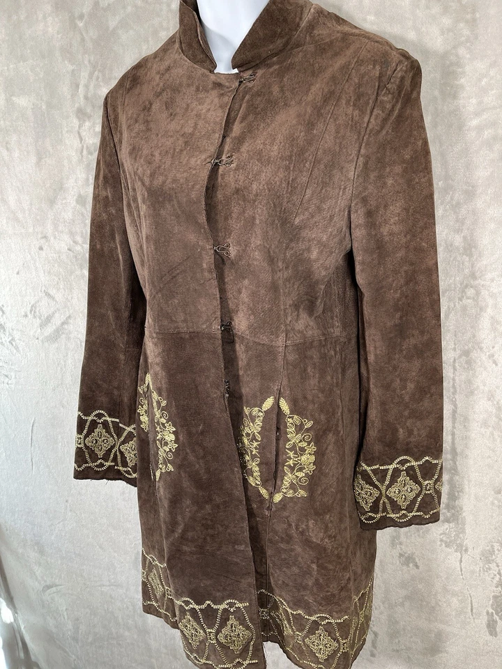 Abrigo Corazón Luna Estrella Marrón Gamuza 100% Cuero Dorado Bordado Talla M Foto 3 de 4