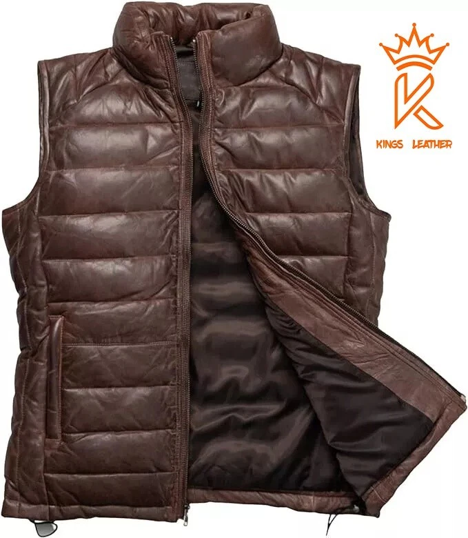 Men's Brown Lambskin Leather Puffer Vest Casual Fashionable Bike Waistcoat