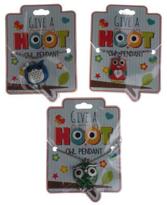 Give A Hoot Owl Pendant Necklace Red Blue Green 3D Silver Gift Set 3 Party Favor