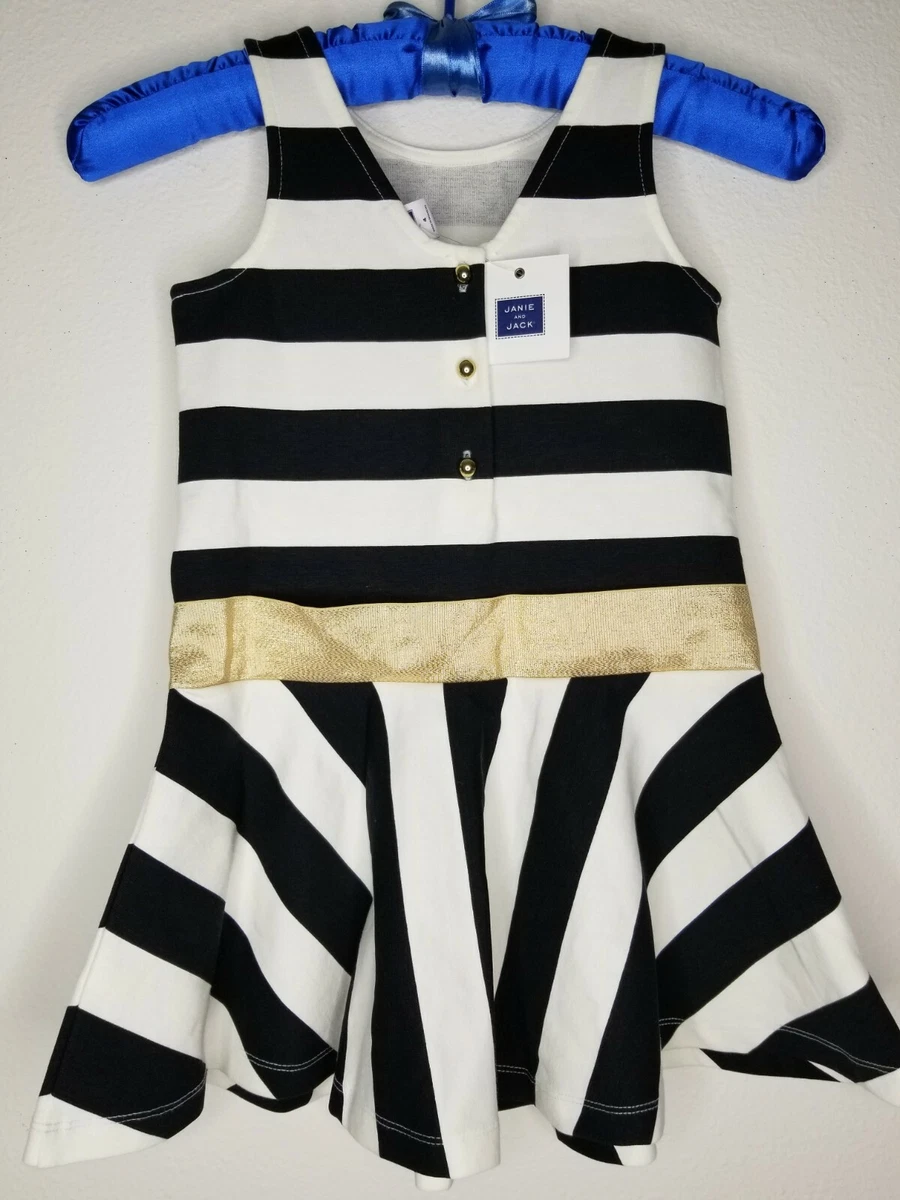 Janie And Jack Kids Girls Dress Sleeveless White/Navy Striped w/ Golden Bow Sz 4
