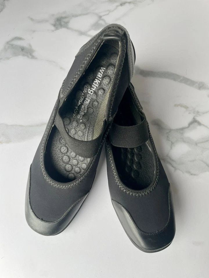 Cunas para caminar Mary Jane negras de cuero/textil planas con correa elástica 7,5 Foto 2 de 4