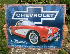 Vintage Corvette Chevy Stingray Tin Metal Sign Garage Shop GM Rustic Classic