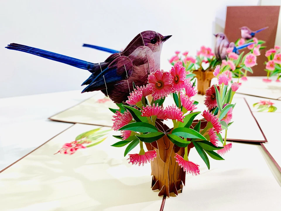 Origami Pop Cards Blue Wren Bird 3D Pop Up Greeting Card Love Happy Mother's Day - Image 4 of 4