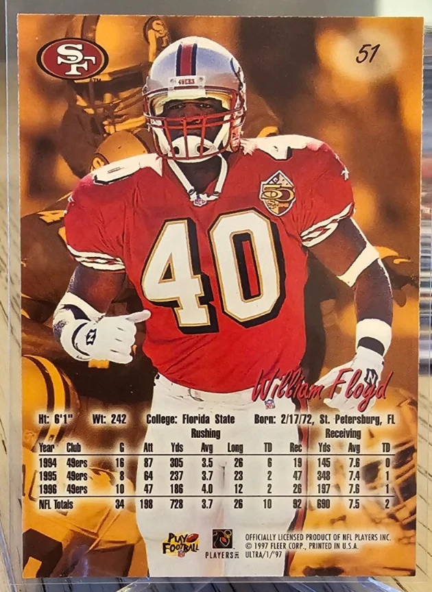 1997 Fleer Ultra William Floyd #51 San Francisco 49ers - Image 2 of 2