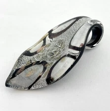 Handcrafted Silver Black Zebra Shimmer Swirl Murano Style Glass Pendant