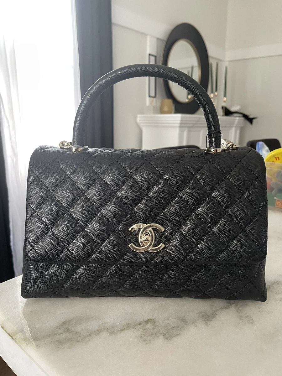 Chanel Black Quilted Caviar Large Coco Top Handle Pale Gold Hardware (Very Good), Womens Handbag