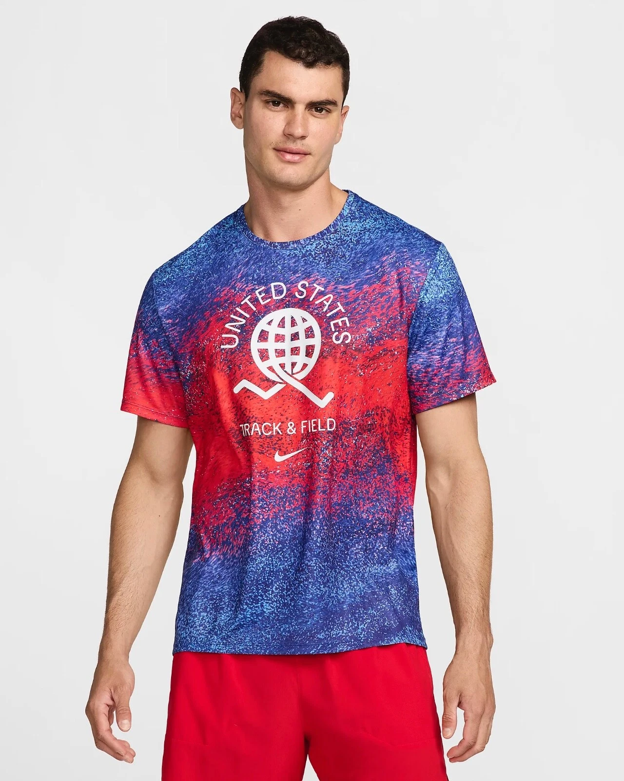 Men Nike USA Miler DRI-FIT Short Sleeve Running Shirt Red White Blue FJ3411 635