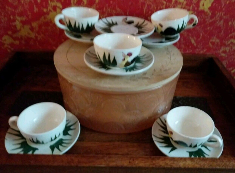 Vintage Rooster Japanese Child 11 piece Tea Cups & Saucers Majolica Tea Set 