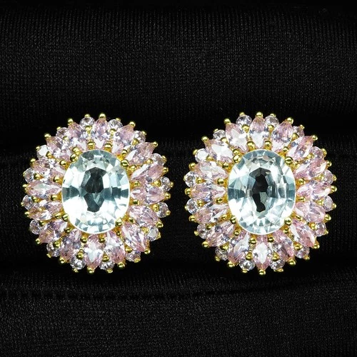 Luminous Colorless Sapphire Oval 5.80Ct 925 Sterling Silver 24K Gold Earrings