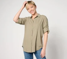 Side Stitch Women's Top Sz XS Button-Down Roll-Tab Tunic Green A640073