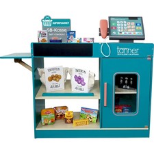 Moderne Supermarkt Theke aus Holz mit integriertem Kassensystem