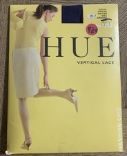 HUE Pantyhose Sz 2 Control top Vertical LACE pattern NEW Vtg Blue Aubergine