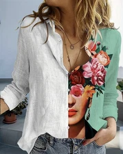 NEW Frida Kahlo Button Down Shirt Green Floral Lightweight Blouse Double-Sided