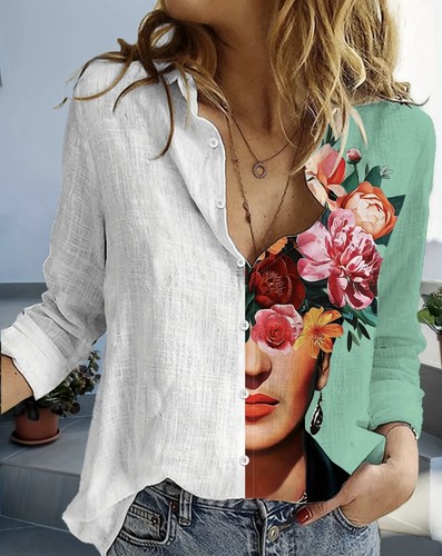 NEW Frida Kahlo Button Down Shirt Green Floral Lightweight Blouse Double-Sided