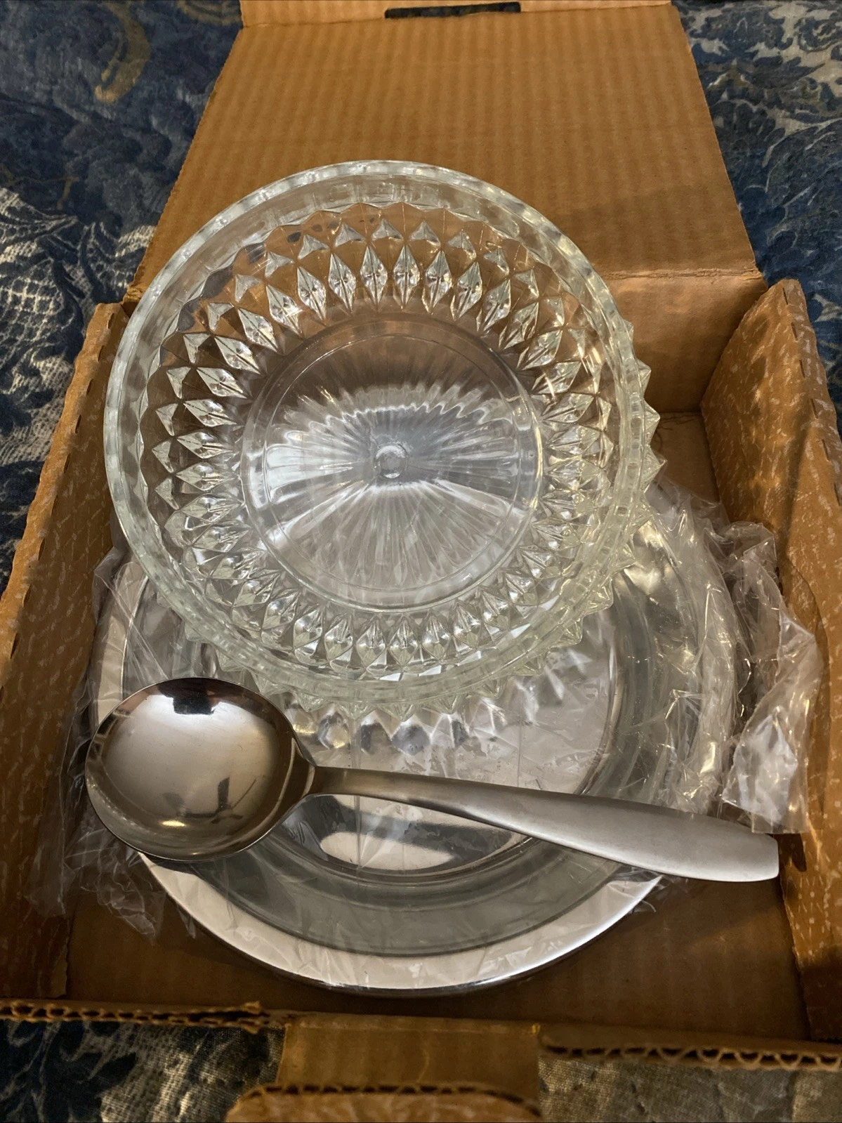 Vintage NOS Heritage House 3 Piece Sauce Set Bowl Plate Ladle Spoon NIB SIlver