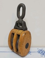 MERRIMAN MB BROTHERS Nautical~Marine Double Pulley Wood Body BRASS SWIVEL+WHEELS