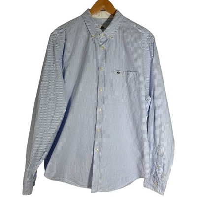 Lacoste Men's Long Sleeve Striped Dress Shirt Blue Size 44 XL